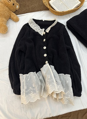 黑色高级感蕾丝花边睡衣女秋冬季新款宽松加厚可外穿两件套家居服