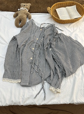 韩版高级感千鸟格睡衣女春秋2025新款宽松蕾丝边长袖两件套家居服