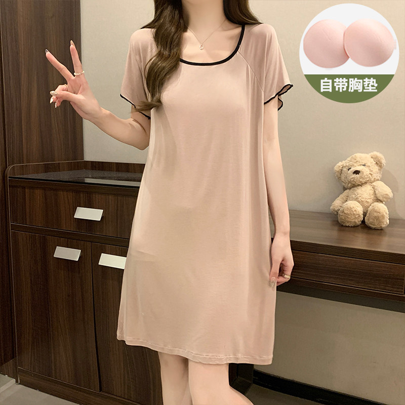 网红风莫代尔带胸垫睡裙女款夏季短袖凉感冰丝2025新款夏天睡衣裙