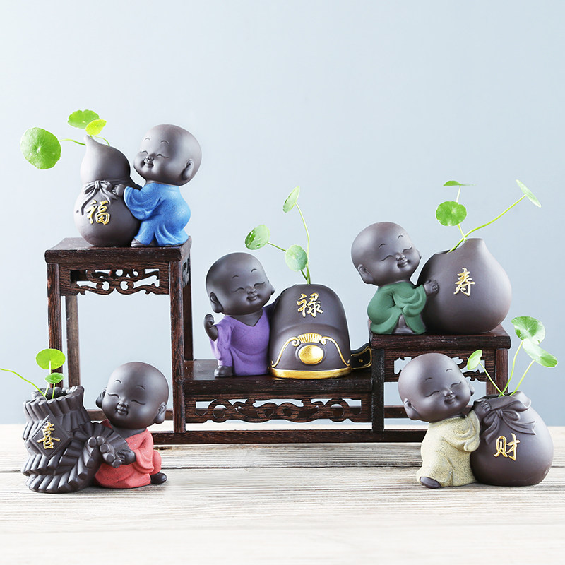 桌面禅意紫砂小和尚水培花盆陶瓷铜钱草绿萝水养植物器皿小花插