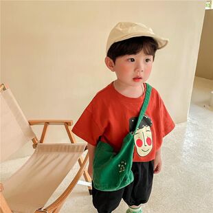 夏季新品~中小童纯色人头印花短袖圆领T恤男女亲肤宝宝可爱上衣