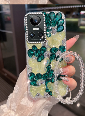 绿色小清新水钻适用realme真我GTNeo3手机壳防摔RealmeV23保护套V20全包V30女款V50/2025年12+镶钻V25小众10