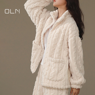 珊瑚绒情侣睡衣秋冬季毛绒加厚加绒保暖套装高领拉链男女士家居服