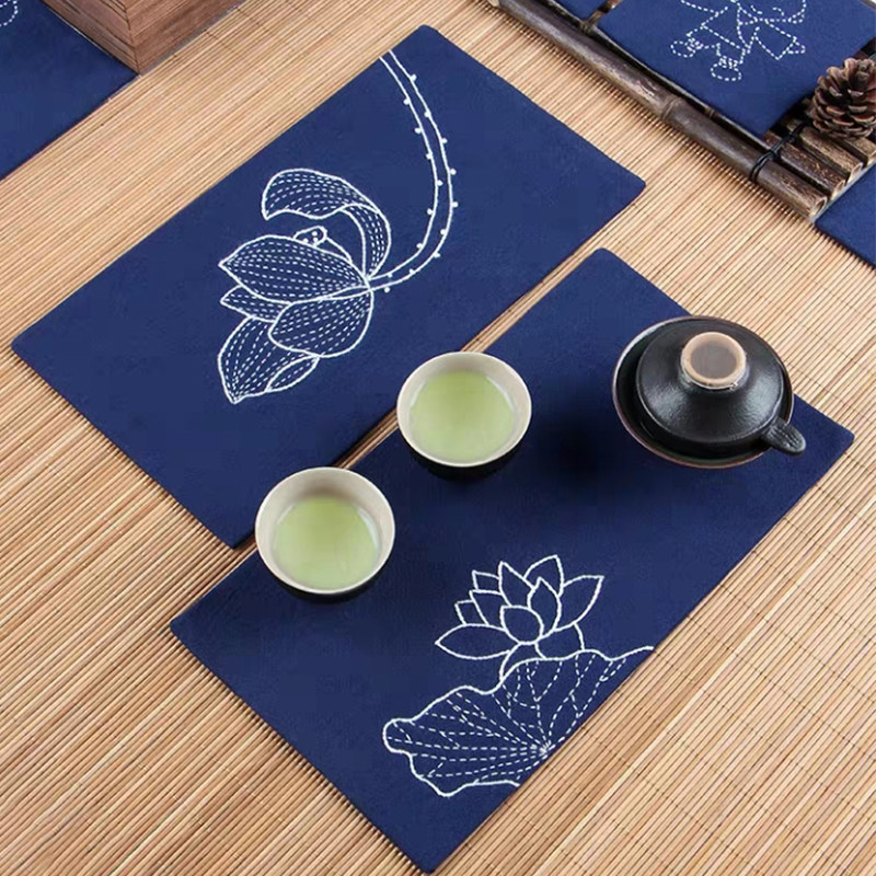包邮 刺子绣素雅茶席diy套装 荷花茶席棉麻刺绣手作创意礼物 新手