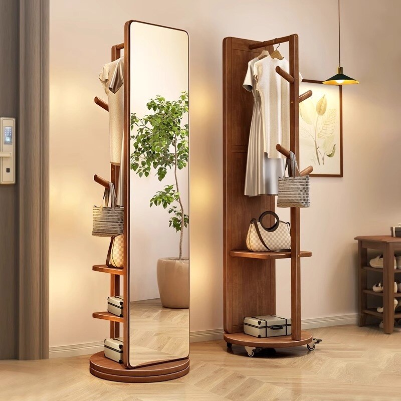 百思宜实木挂衣架卧室落地衣帽架客厅家用可移动多功能带镜子一体