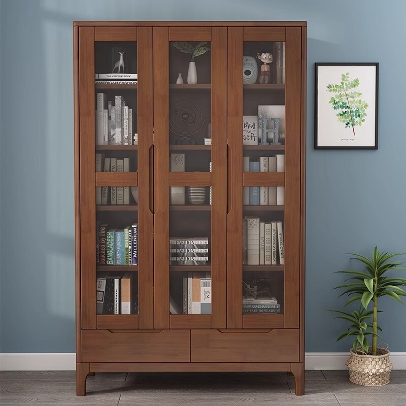 阳漫全实木书柜带玻璃门家用简约书橱落地置物架橡木书橱办公室
