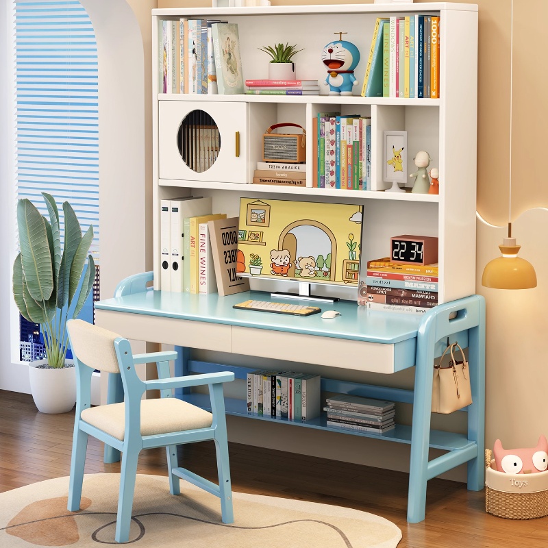 百思宜实木中学生书桌可升降儿童学习桌家用电脑桌书架组合一体
