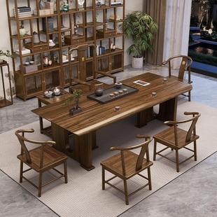 欧雅逸家乌金木实木茶桌椅组合新中式大板茶几原木客厅家用办公室