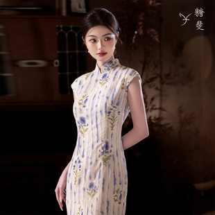 紫花雪纺旗袍2025年新款夏季无袖年轻款改良温柔素雅日常连衣裙女