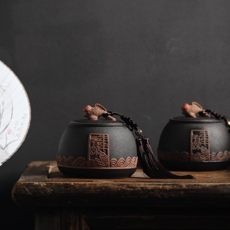 新中式茶室茶楼摆件复古茶v具陶瓷密封存储罐普洱茶叶罐创意家居