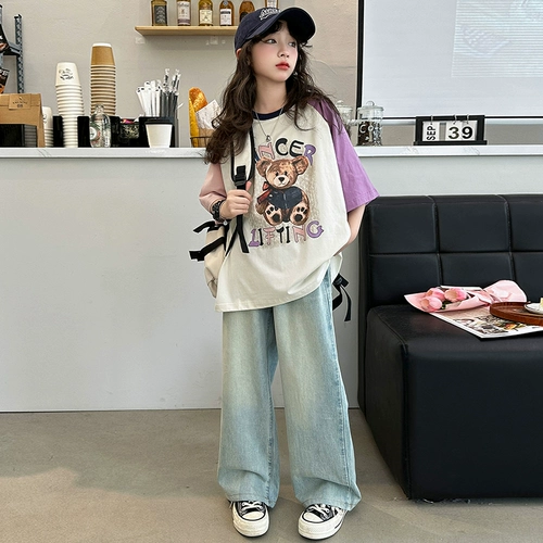 Джинсы, штаны, летняя летняя одежда, в западном стиле, подходит для подростков, с медвежатами, короткий рукав