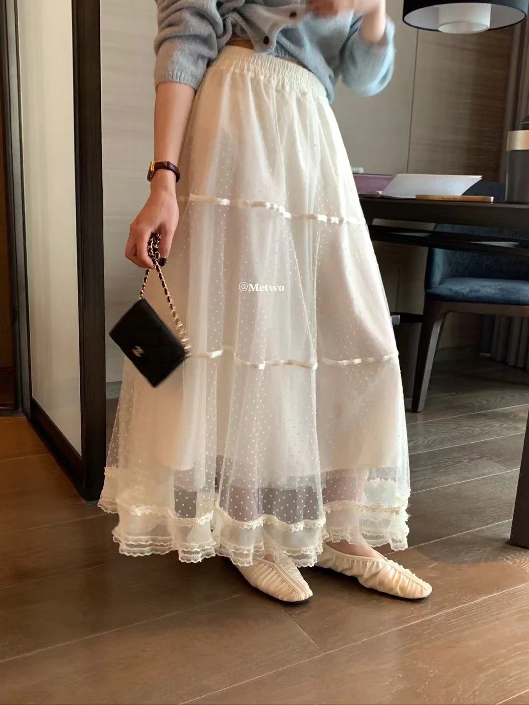 METWO 20600杏色蕾丝波点裙a字女夏季显瘦小众设计感松紧腰半身裙