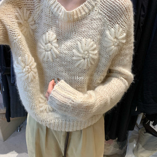 一勺甜 休闲宽松上衣92113 hers粗织缝制太阳花套头毛衣女2025秋季