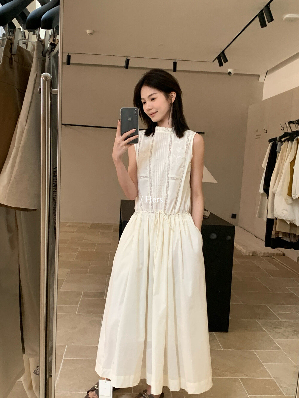 Hers法式棉料提花设长款连衣裙女