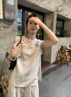 METWO一勺甜 亚麻蕾丝拼接背心宽松T恤小衫女装衬衫上衣8269