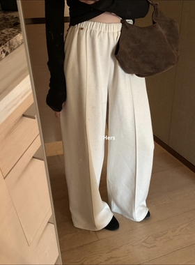 一勺甜 hers冬上新 加绒加厚白色休闲裤女冬高腰阔腿直筒裤10554#