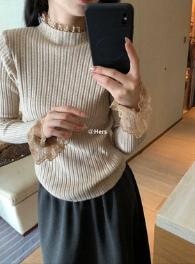 METWO 10455#蕾丝拼接针织衫女hers秋冬小女人加厚打底内搭上衣