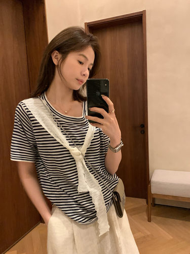 Hers假两件条纹披肩针织衫T恤女