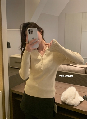 LIMON柠檬 气质v领纽扣针织衫女2025秋冬修身显打底衫上衣99-909