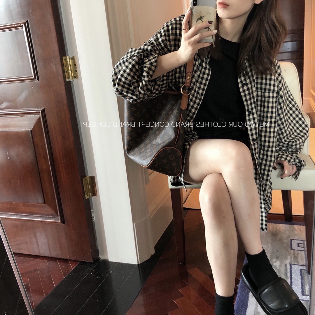 长袖棉麻格子衬衫一勺甜设计感