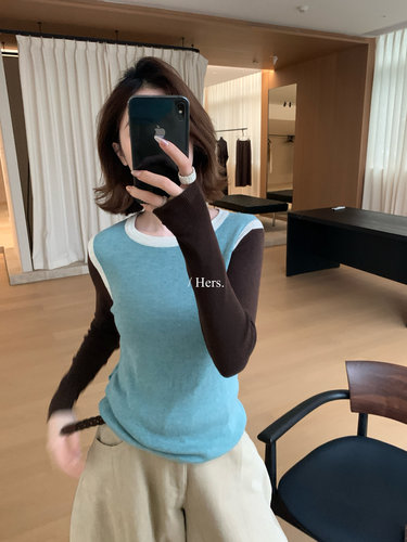 Hers复古小众撞色设计圆领针织衫