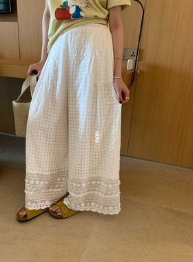 METWO hers提花蕾丝拼接白色休闲裤女夏季高腰直筒阔腿裤20589