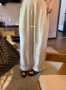 METWO 08567#条纹日系九分亚麻裤女夏季新款松紧腰松弛休闲阔腿裤