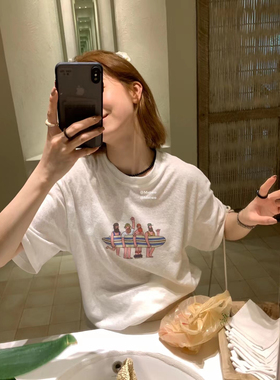 METWO雪花麻料“人物帆船”短袖T恤女 夏季新款宽松休闲上衣08277