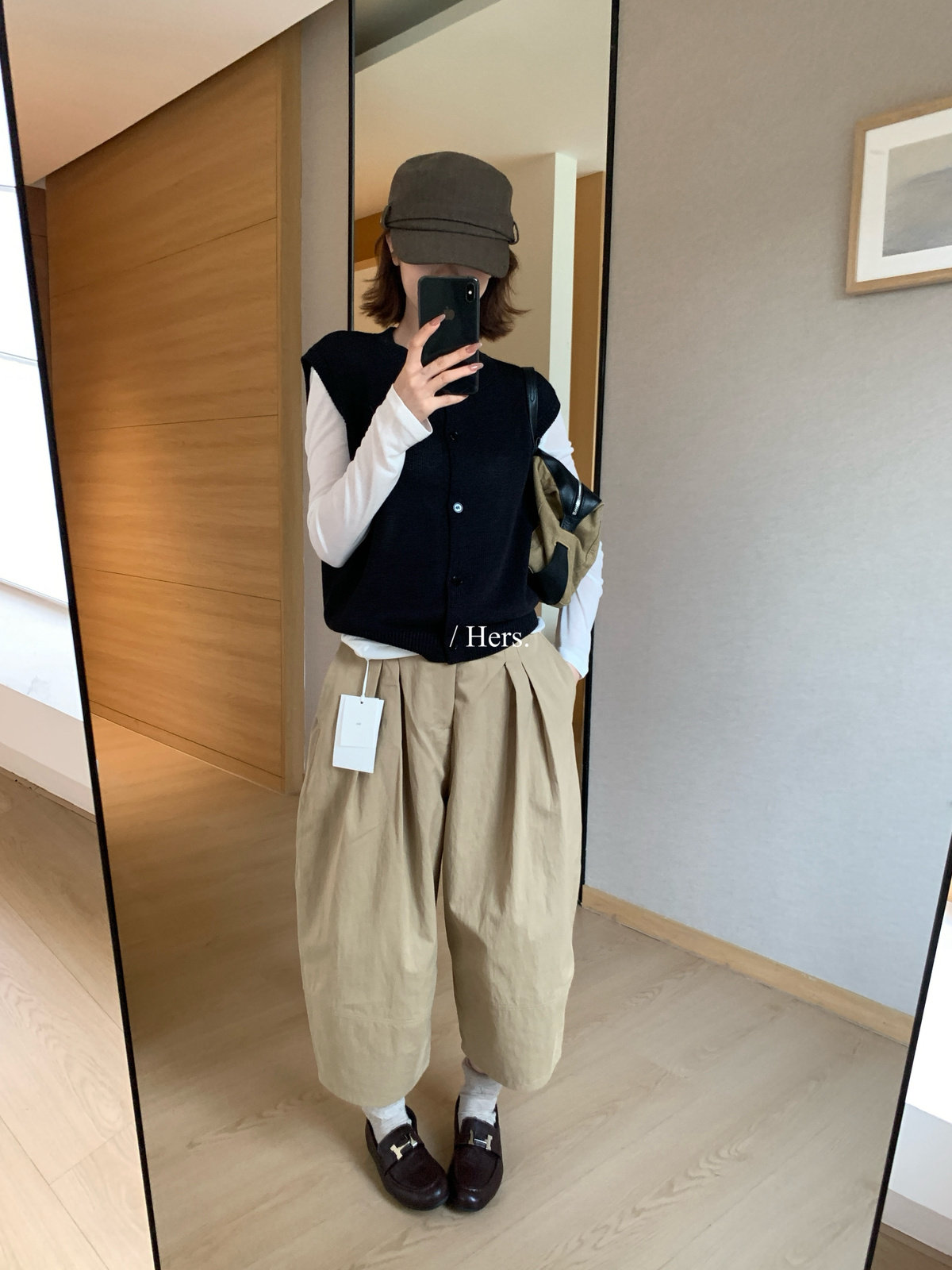 Hers日系压褶高腰萝卜七分休闲裤