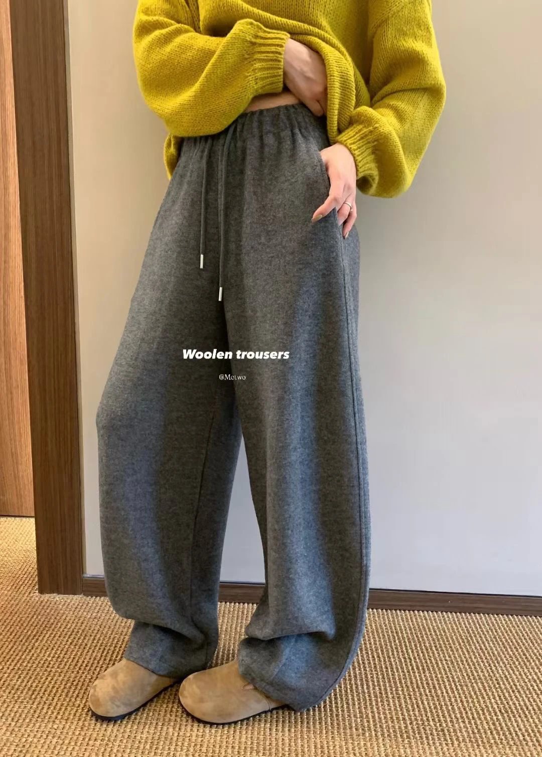 METWO 9095#灰色抽绳萝卜奶奶裤女2025秋季高腰休闲百搭直筒裤