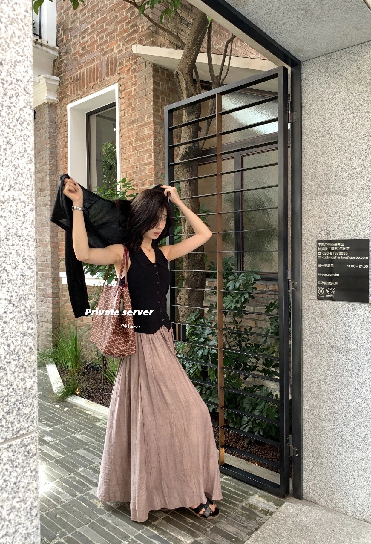 METWO一定要留！气质工字polo针织衫女夏季极简黑色纽扣上衣08424