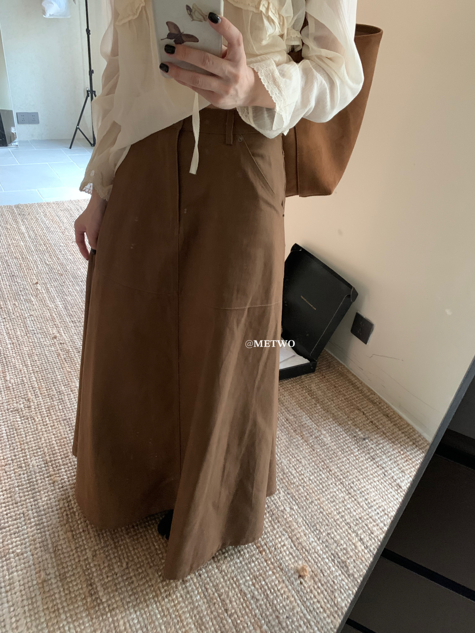 METWO造型感！咖色牛仔半身裙女秋季新款高腰休闲法式A字半裙2029