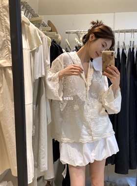 METWO hers钩花蕾丝连帽衬衫女 夏季复古度假风宽松长袖上衣20711