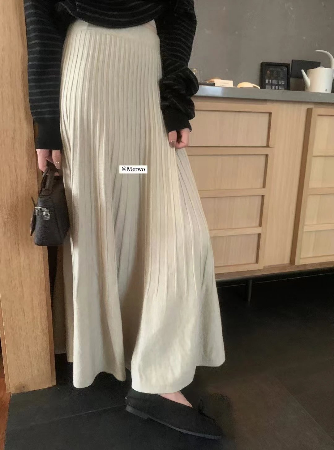 METWO 2262#高腰显瘦羊绒伞裙女2024冬季韩系百搭休闲百褶半身裙