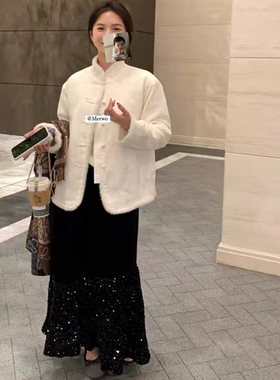 METWO 2291水貂镶边｜白色新中式外套女2024冬季新款夹棉国风上衣