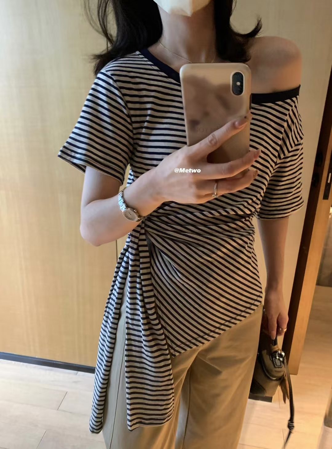 METWO 8315条纹绑带T恤女2025夏季一字领宽松慵懒显瘦中长款上衣