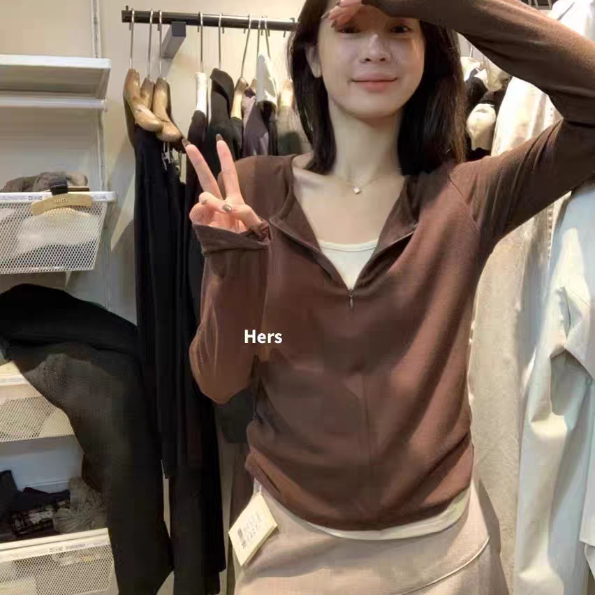 METWO 假两件半拉链长袖T恤女2025新款设计感休闲磨毛打底衫10121