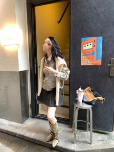 女2025宽松短外套92085 复古随性廓形格子衬衫 一勺甜 hers秋上新