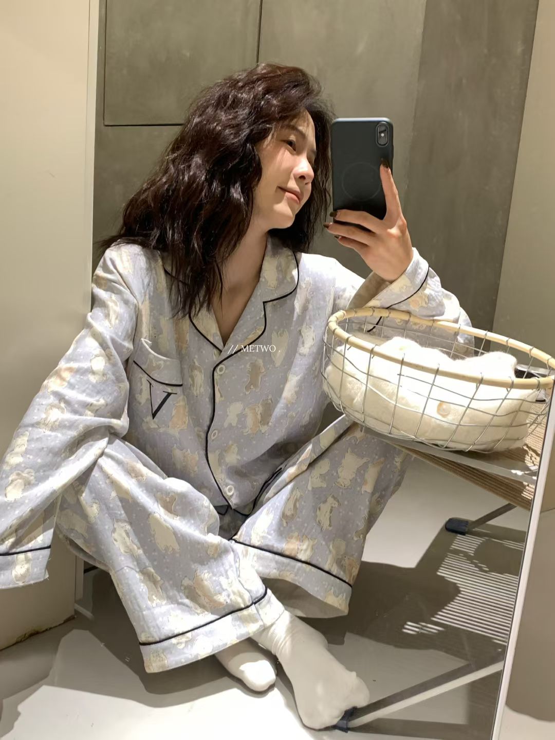 METWO 薄款睡衣三件套女2025春秋季可爱长袖长裤家居服套装