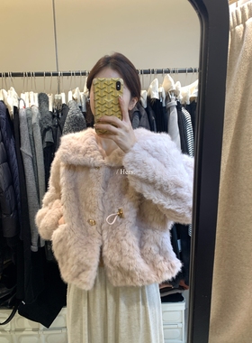 一勺甜 hers冬季复古连帽保暖皮毛一体外套女2025短款上衣92697#