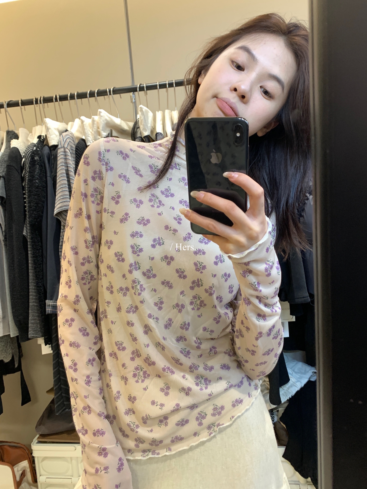 一勺甜 hers紫色小花透视感叠穿内搭碎花打底衫 女秋冬上衣92518