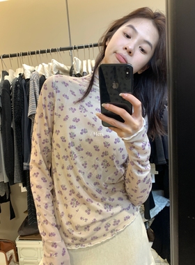 一勺甜 hers紫色小花透视感叠穿内搭碎花打底衫 女秋冬上衣92518