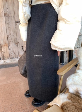 METWO呢子直筒半裙高腰后开叉秋冬加厚磨毛百搭A字半身裙女8664
