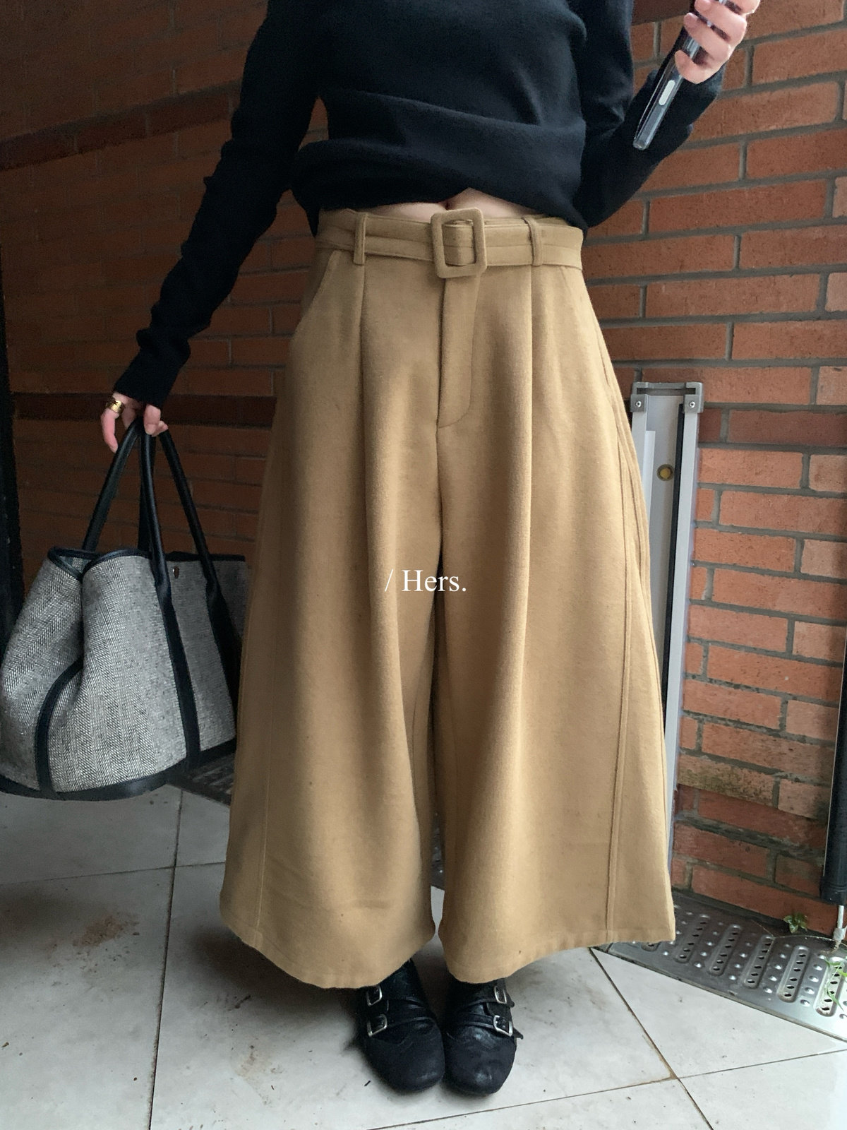 Hers日常高腰阔腿毛呢九分休闲裤