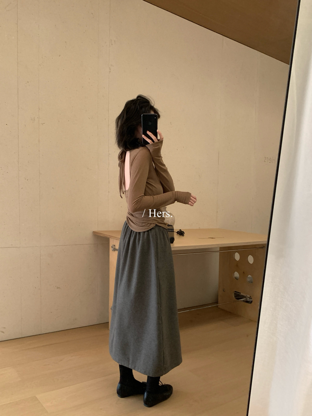 Hers高腰休闲松紧腰毛呢半身裙女