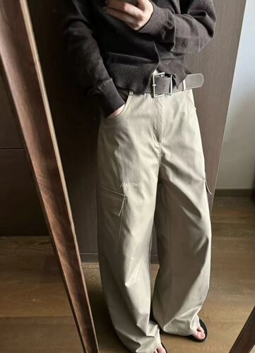 METWO 9037#卡其色工装大皮带裤女2025秋季高腰显瘦直筒阔腿裤