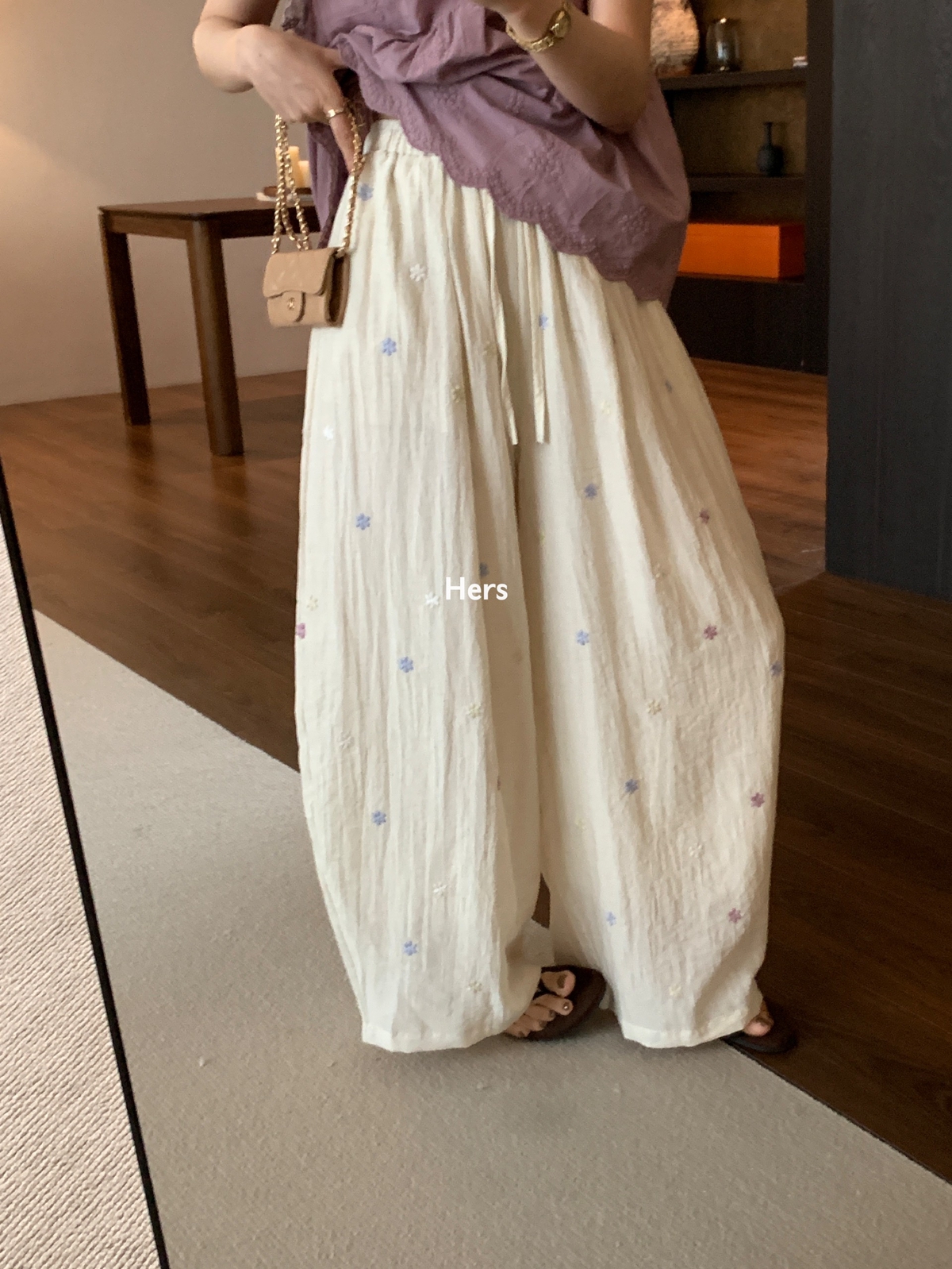 METWO hers刺绣花朵阔腿裤女2025夏季宽松气球飘飘休闲裤 20997