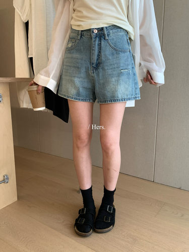 Hers复古百搭高腰显瘦牛仔短裤女