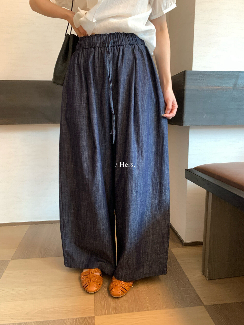 Hers透气棉抽绳日系深蓝牛仔裤女