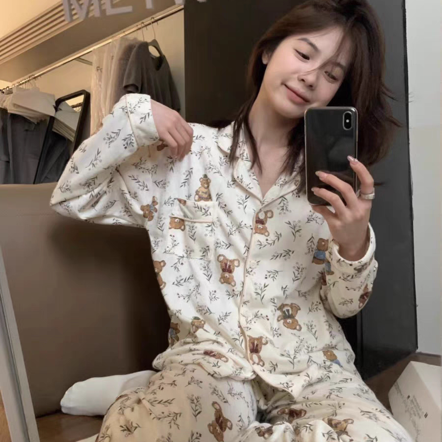 METWO早冬!纯棉小熊睡衣女秋冬长袖2023新款柔软减龄家居服套装